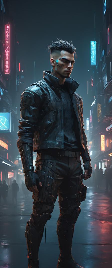 (cyberpunk style), 1man, full body shot, cyberpunk clothing, male focus, cyberpunk, cyberpunk background, (extremely detailed cyberpunk background), extremely detailed background, extremely detailed face, cyberpunk body modification, cyberpunk 2077 body modification, ((neon city background)), cyberpunk suit, robot, science fiction, solo, full body, wires and cables, sharp focus, natural lighting, cyberpunk reimagined, neon lights, action pose, colorful, bright colors, science fiction, a dystopian cyberpunk city, neon, cyberpunk 2077, (cyberpunk 2077 cityscape), art by Masamune Shirow,masterpiece, best quality, official art, extremely detailed CG unity 8k wallpaper, detailed background, best quality, expressive eyes, perfect face, perfect eyes, perfect anatomy, extremely detailed eyes and face, looking at viewer, detailed background, detailed clothes, cinematic lighting, beautiful 8k, masterpiece, best quality, high quality, hdr, photography by cosmicwonder, high definition, symmetrical face, volumetric lighting, 24mm, 4k, DSLR, high quality, ultra realistic,
