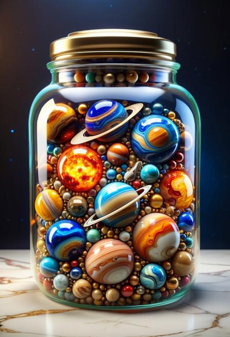 solar system and planets inside a glass jar., marble planets, (highres, highly detailed:1.2), aesthetic, masterpiece