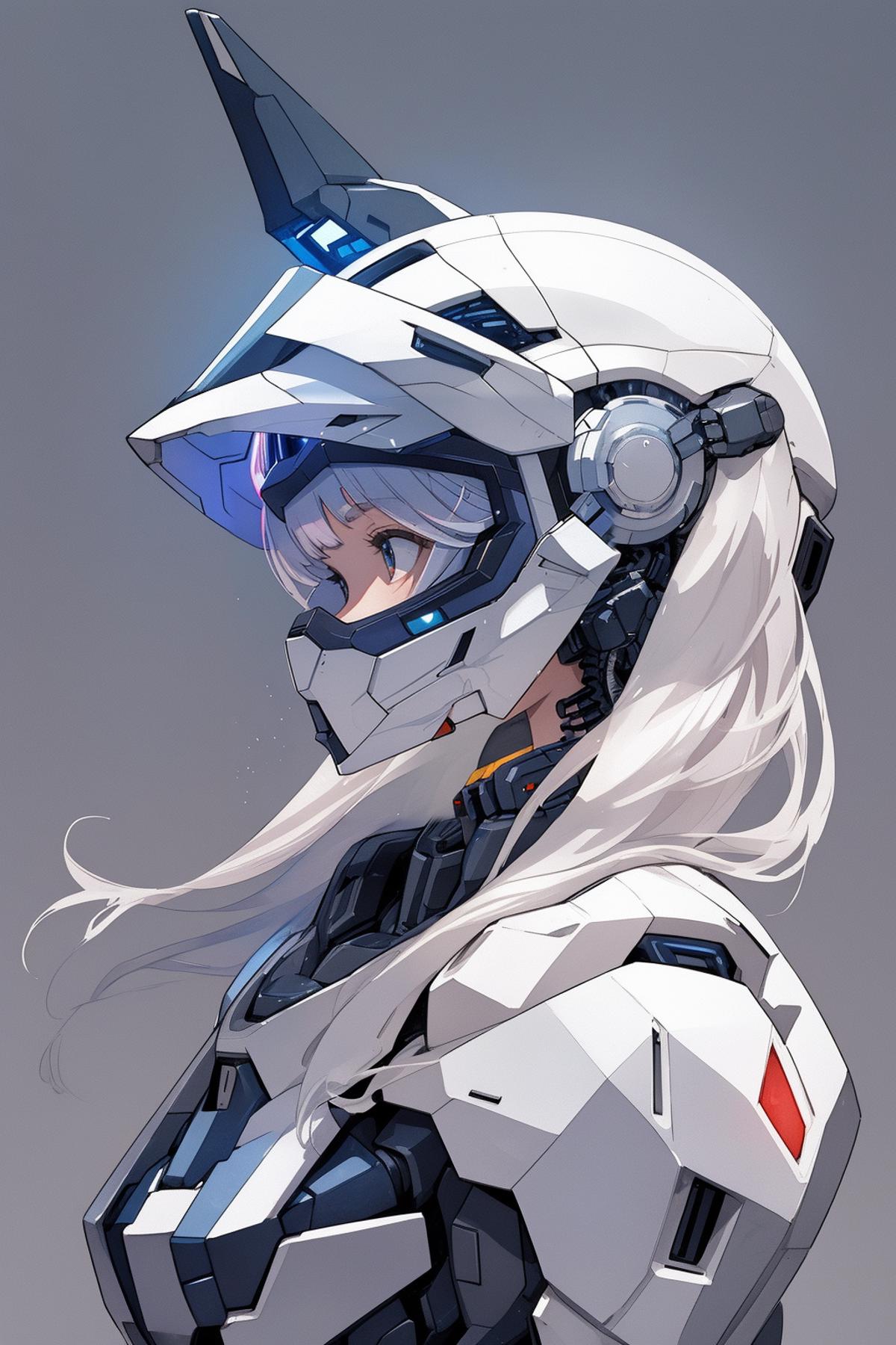 A girl wearing a futuristic helmet with a white suit and long blonde hair.