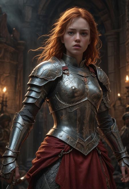High resolution ultra-realistic of Beautiful Sadie Sink as Warrior Joan of Arc, 8k, capturing the intensity of the moment, cinematic lighting, standing on a bloody and stormy battlefield in bloody battle, wavy red hair, realistic dirty pale face, realistic brown eyes, beautiful hourglass figure, burning in a medieval Town, intricately designed iron and silver armor, red mini skirt, Dark Ages Aesthetic, perfect athletic figure, beautiful Warrior Joan of Arc, fire, ultra realistic, cinematic style, vigorous and seductive, athletic figure, dark fantasy, dramatic lighting, wet and sweaty skin, dirty skin, athletic figure, dark fantasy, dramatic lighting, Greg Rutkowski style,, Warrior Joan of Arc on in iron armor, hyper-detailed, hyper-realistic, bright colours, Attractive 21 old years girl, Attractive, beautiful firm Breasts, sharp focus, digital painting, Photograph Taken on Nikon D750, Alphonse Mucha, 8K, athletic figure, Hyperdetailed, hyperrealism, Attractive, Attractive bust girl, asymmetric balance
