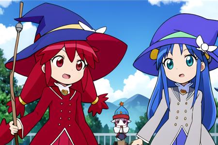 multiple girls, hat, 2girls, microphone, blue hair, red eyes, green eyes, red hair, long hair, day, long sleeves, witch hat<lora:双子星公主不可思议星球的双胞胎公主:0.6>