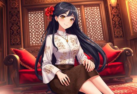 An anime-style depiction of a woman with long, silky black hair, adorned with bright red hibiscus flowers, sitting gracefully in a richly furnished traditional Indonesian room, bathed in soft, warm light. The room is a testament to the careful craftsmanship, featuring intricately carved wooden furnishings and plush, rich red cushions, contributing to the atmosphere of luxurious comfort. She is dressed in a stunning white kebaya, distinguished by its delicate floral motifs, elegant long sleeves, and intricate embroidery. Completing her look is a short, dark brown batik sarong skirt, which adds a layer of cultural heritage and charm. Her golden eyes radiate warmth and gentleness, complemented by the soft smile that softens her face. A delicate gold pendant necklace rests elegantly against her skin. Her black high heels add a touch of modern sophistication to the scene. This highly detailed, high-resolution image is rendered with soft, warm lighting, perfectly capturing the elegant aesthetic of the culture. The richness of Indonesia’s heritage and the graceful beauty of the woman are brought to life through painstaking detail, creating a harmonious visual narrative.