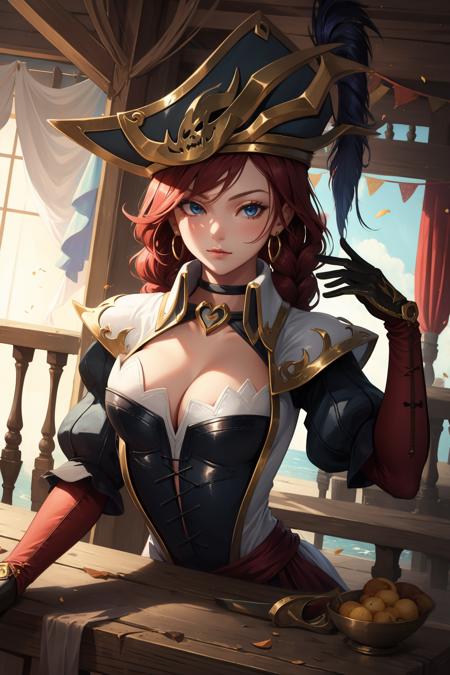 captain fortune, 1girl, cleavage cutout, pirate hat, braid, puffy sleeves, elbow gloves, cleavage