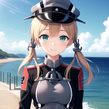 ((masterpiece)),(best quality),official art,extremely detailed CG,unity 8k wallpaper,ultra detailed,A lighthouse on a cliff by the sea,1girl,solo,upper body,(portrait:1.2),blonde hair,twintails,hair ornament,military uniform,anchor hair ornament,peaked cap,white gloves,low twintails,iron cross,breasts,smile,long sleeves,military hat,long hair,green eyes,aqua eyes,microskirt,black thighhighs,black skirt,pleated skirt,<lora:Prinz Eugen(kan)-remake>,