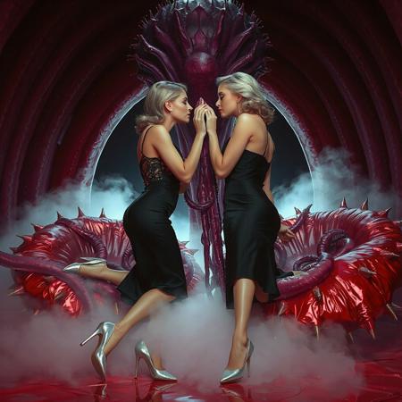 tree ladies, two sultry slender norvegian ladies in a whorish black lace camisole  kissing and touching  from left and right  young 1950s  blonde secretary , wearing glossy high heels, entangled in long tentacles, reclined in weird red foil pillows, covered with giant ultrathin transparent slime veils,   giant portal to outer space, fog from the floor, giant purple alien carnivorous flower with glossy spiked petals at background, weird alien hive slime walls and fleshy floor, horror, reminiscent of H.R. Giger, Zdzisław Beksinski, and Ash Thorp's dark, sleek styles, with close-up glamour photography, glossy satin and silver heels glistening, fleshy slime dripping, and dark shadows.