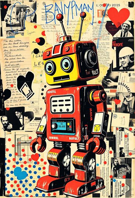 A pop art style mixed media collage artwork. Deconstructed, provocative, surreal, intense and chaotic composition. Street art textures and vibrant retro colours. 
The main image is a grungy retro stencil screenprint of a colourful 1960s toy tin robot with electricity. Print errors, halftone dots. grungy print registration errors, Ben Day dots. 
Overlaying this are multiple layers of black-and-white Mexican imagery, handwritten letters, bold paint splashes, and chaotic magazine cutouts and clippings. Partially covering this, these break up the outline. Next are layered sections of repetitive brightly coloured dots are spraypainted in Yayoi Kusama style. On top of this are 1950s magazine cutouts and clippings of space travel and astronauts, and torn vintage postcards with handwritten messages are glued to the layers. This partially hides sections of the images below. On the top layer are rough hand-drawn letters and love hearts scrawled heavy-handedly in blue biro onto print.
