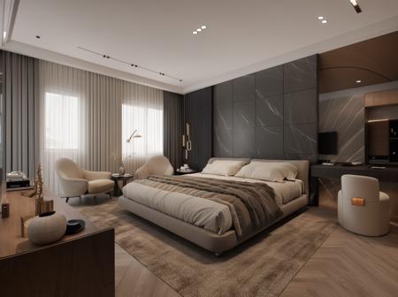 scenery, indoors, window, lamp, bed, table, curtains, pillow, couch, chair, cup, bedroom, television, blanket, box, mirror, cabinet, sunlight, no humans, wooden floor <lora:Justin_Advanced_room_V80:0.9>