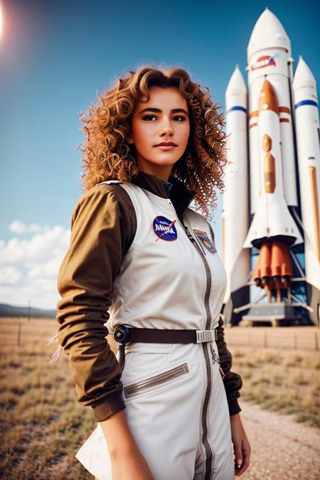 A stunning intricate full color portrait of a 18 year old beautiful woman,wearing nasa outfit, space rocket in the background, having fun, epic character composition,by ilya kuvshinov, alessio albi, nina masic,sharp focus, natural lighting, subsurface scattering, f2, 35mm, film grain , (curly hair) <lora:Draghixa:1>