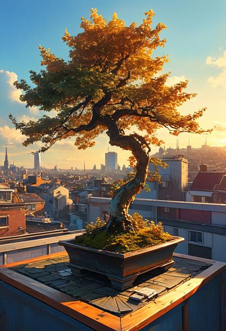 ultra high resolution, masterpiece, best quality,artwork, Cinematic style, play of shadow and light, masterpiece, hyper realism, a high-resolution photograph, golden hour, dutch angle, dynamic, asymmetry, contrasting, unique, enigmatic, a tiny bonsai placed on a table, outdoor, urban environment, rooftop, vibrant artwork, cyberpunk, anime, aidma-niji , no human