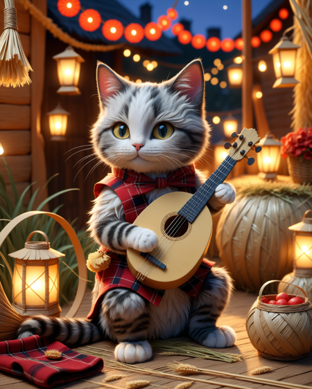 (masterpiece:1.2), (best quality:1.2), highly detailed, realistic texture, sharp details, extremely delicate and beautiful, realistic cg 8k wallpaper
 <lora:add-detail-xl:3> <lora:Straw_thread:0.6> cute, whimsical, 
    (cat bard:1.2), plucking a lute woven from oat stalks, sitting on a bale stage under lanterns, tan and sage with red plaid hints, magical, twilight glow