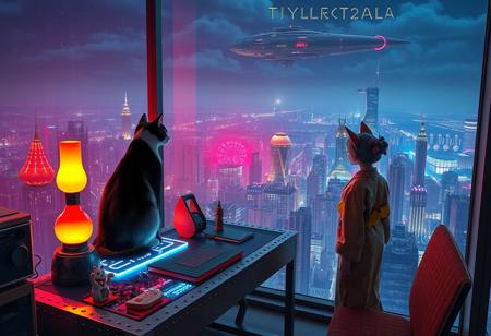 Jiji, the cat from Kiki's Delivery Service sits on a cluttered metal riveted desk with transparent top and rgb led computer components visible inside, On the desk are a maneki neko statue and a lava lamp, Jiji the Cat is looking out of a seamless and  Futuristic Art Deco Cyberpunk floor to ceiling window that looks out at a very high view from an apartment on the 400th floor of a futuristic Cyberpunk Art Deco skyscraper, the year is 2250, The Futuristic Art Deco Cyberpunk city has thousands of enormous wide and tall futuristic skyscrapers and space ships covered with lights in the sky, (((Kiki from Kiki's Delivery Service, 24 years old, is standing next to the cat looking out at the enormous city at night, filled with buildings of many shapes and sizes, some over a mile tall))), Kiki is dressed in an ornate Japanese style bath robe. An enormous starship with Futuristic Art Deco Cyberpunk lighting and design is visible high above the city, and a space station is visible in the background among the stars, The woman's hair is messy from just waking up and tied up with a ribbon. Artistic Futuristic Art Deco Cyberpunk designs, dynamic perspective, The focus is on Jiji and Kiki standing together looking out the window at the view together, The entire room is visible and everything has a Futuristic Art Deco Cyberpunk design, sofa, hologram on table displaying news, a small bed,