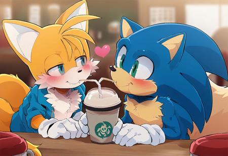 score_9, score_8_up, score_7_up, 2_boys (Sonic the Hedgehog, Tails), Sonic and Tails dating in a cafe, sitting in a cafe, koibitonomi, Look at each other, drinking iced coffee, heart straw, shared drink, close-up, iced coffee, furry male, both wearing jacket, (Sonic: green eyes, blue fur, white gloves, spiky quills), (Tails: fox tail, two tails, fox boy, orange fur, white gloves, body fur, blue eyes, white fur, animal ears, shy smile), heart symbol, upper body, looking at another, mouths forming a round while drinking, Sonic wears blue jacket, straw in mouth