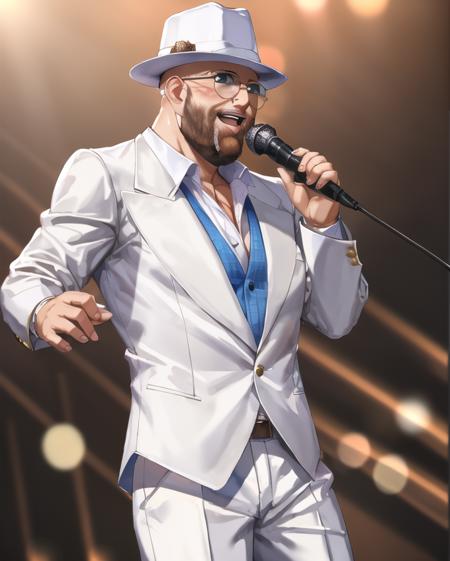 best quality, masterpiece, shufutinskiy man, white blazer, bald, glasses, hat, standing on stage, singing, microphone, (fat:0.8), colorful spotlights, hard light, bokeh <lora:3rd_september_v1:0.9>