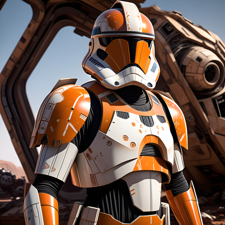 A Star Wars trooper in striking orange and white armor, adorned with intricate designs and equipped with a visor-style helmet that emits a faint glow, standing confidently amidst the wreckage of a battle-scarred starship, with distant stars twinkling in the vast space backdrop