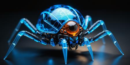 Mechanical robotic cute realistic bright blue insect (Spider with a spherical abdomen that is sleek and shiny.  Hourglass shaped, the abdomen is larger than its head and thorax, which are fused together. Like a small, plump black ball connected to a smaller, black head) with many small and large eyes standing in background complete black, unsettling, wide angle, nighttime, 
subsurface scattering, ultra hd, 4k, high def, Photorealistic, Hyperrealistic, Hyper detailed, analog style, realistic, masterpiece, best quality, ultra realistic, 8k, Intricate, High Detail, film photography, soft lighting,  heavy shadow
<lora:epi_noiseoffset2:1>, <lora:add_detail:0.8>, <lora:add-detail-xl:1> <lora:xl_more_art-full_v1:0.5>
<lora:KK_paperCut_v1:1>, paper_cut, (fractal art: 1.4)
