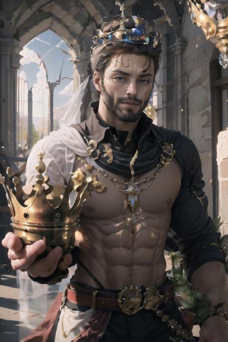 Highly detailed, High Quality, Masterpiece, beautiful, 1boy, solo, cown, holding, holding crown, YouDroppedThisKingMeme, <lora:YouDroppedThisKingMeme:0.85>, gigachad, <lora:Char_Sigmas_GigaChad:0.75>