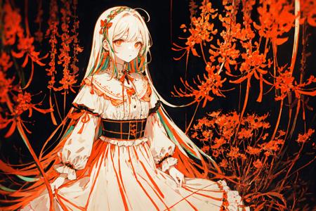 Polychrome, limited palette, colorful, scenery, 1girl, forest, night, red spider lily, multicolored hair,, detailed background, masterpiece, best quality,