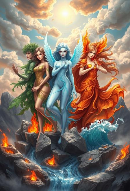 (masterpiece), best quality, expressive eyes, perfect face, vibrant color,
A fantastical scene depicting four elemental female figures representing earth, air, fire, and water. The earth figure on the left is adorned with greenery and rocks; the air figure, in the center, is ethereal with icy blue wings; the fiery figure on the right emanates flames and warmth; and the water figure, further to the right, flows gracefully with waves and aquatic hues. They are positioned above rocky landscapes with contrasting elements of fire and water, under a dynamic sky filled with clouds and a hint of celestial light.