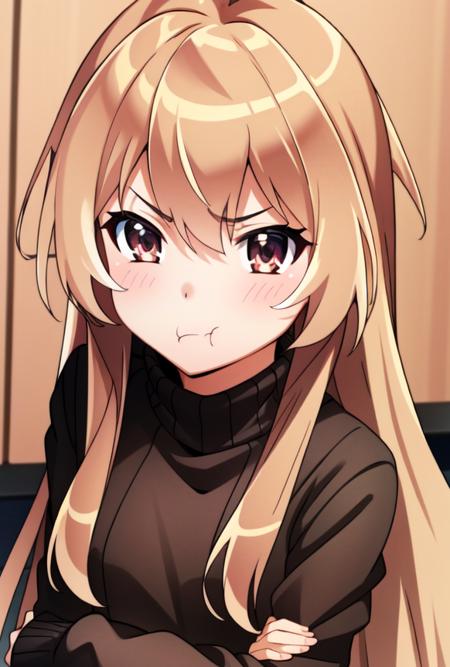 (extremely detailed CG unity 8k wallpaper),(masterpiece),(best quality),(ultra-detailed),(best illustration),(best shadow),(absurdres), <lora:Taiga Aisaka:0.8> Taiga Aisaka, 1girl, solo, long hair, aisaka taiga, brown eyes, brown hair, smile, upper body, turtleneck, turtleneck dress, leggings, boots, full body, standing, eye shadow, blush, <lora:SadMadFaces:1> pouting, mad, pouty face, pout, angry, eyes looking to the side, looking away, looking away from viewer, indoors, (detailed background, intricate background:1.1), beautiful