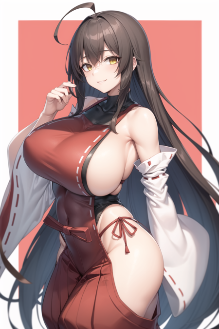 sendai hakurei no miko, 1girl, sideboob, red hakama, solo, leotard under clothes, black leotard, japanese clothes, nontraditional miko, black hair, hakama pants, yellow eyes, large breasts, detached sleeves, huge ahoge, very long hair, toned, hip vent, red apron