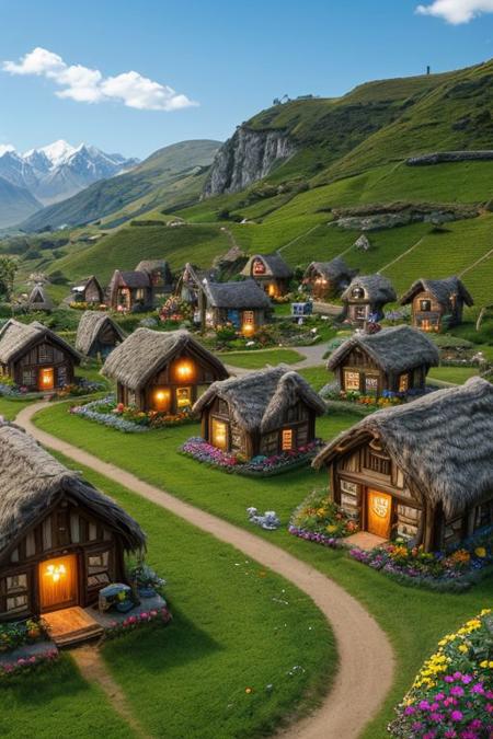 (score_9,score_8_up,score_7_up,score_6_up, photorealism, intricate details, extremely detailed, masterpiece, sharp, high contrast,
anime, masterpiece, intricate:1.3), (best quality, hires textures, high detail:1.2), (4k),(incredibly detailed:1.4), Cinematic Lighting riverside hobbit village full of farms and hobbits with gardens and flowers intricately detailed, true masterpiece, 8k, hdr, vibrant neon, led rgb studio quality OverallDetail