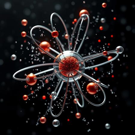 3d atoms colliding together, electrons on orbits, nucleus