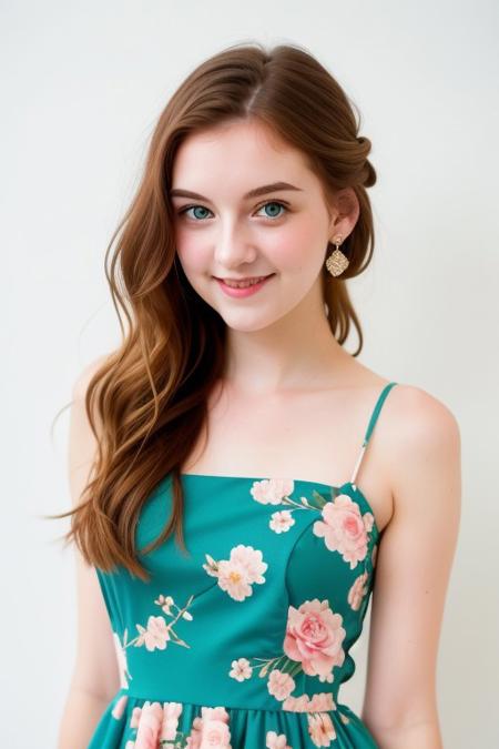 HD, perfect quality, 16k, very detailed,  a beautiful 21yo college girl with ginger hair in an updo, pale skin, wearing a calico floral dress, pink fleckes, green eyes, slim, detailed skin, hair behind ear, smiling proudly, standing in front of white background