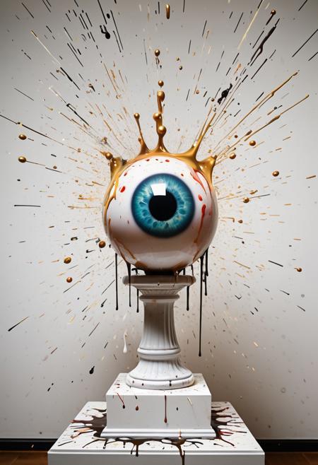 liquid eyeball splashing onto a pedestal in an art gallry, eploding into sparks and glowing droplets, splatter, spray, spatter, drips, droplets, splash