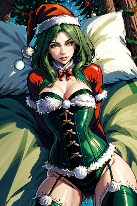 Mrs Claus,  Woman in a green corset,  wearing a santa hat,  skimpy lingere,  sensual,  laying down,  sexy,  christmas theme,  dripping,  skindentation,  pine trees,  green,  trees,  inked lines,  4 point perspective,  dutch angle