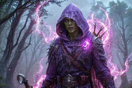 bioluminescent, an orc scout with green skin, wearing a hooded cloak, holding a dagger, solo, from the Nightstalker Clan, with black leather armor and stealth markings, a dark forest with twisted trees, foggy air, scattered leaves, detailed background, carving a bone, shaping a weapon, proud, chest puffed out, dynamic angle, wide shot, an orc migration with orcs moving, carrying goods, worgs pulling carts, a longbow, nearby, on a sandy dune, shifting sand, windy, gusts blowing, leaves swirling, clouds racing, twilight, soft purple hues, stars emerging, cool air, best quality, vibrant colors, photorealistic style, high detail, high-definition, hyper-realistic, extremely high-resolution details, fine texture, incredibly lifelike, realistic, not cartoon, not drawing, highres, 4K resolution, source photo, realistic photo, masterpiece, best quality, amazing quality, very aesthetic, ultra-detailed, detailed textures, natural lighting, soft lighting, battleworn tones, muted reds, grays, blacks, moonlight, cool silver glow, back shot, character facing away, <lora:Mystic_Lumina_r1-000007:0.9>