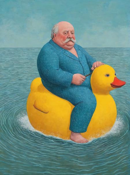 (artwork in the style of Fernando Botero:1.5), (an image:0.5), solo, an old man, in pajamas, riding a giant rubber duck, in the ocean, medium shot, pop art, pop surrealism , <lora:Graphic_Portrait:1>