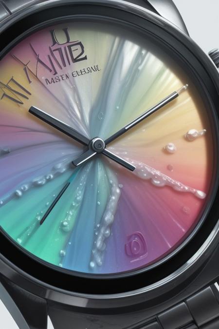 lazypos,aesthetic,extremely aesthetic,masterpiece,flowing,pool of liquid,overflowing,made of l1qu1dp34rl,metal,pearl,liquid pearl,pearlescent,pastel colors,rainbow,watch,no human,pocket watch,watch face,clock face,close up,macro photography,macro photo,liquid,filled,filled with liquid,liquid pouring from watch,oozing,<lora:liquidpearlXL_r1:1>,