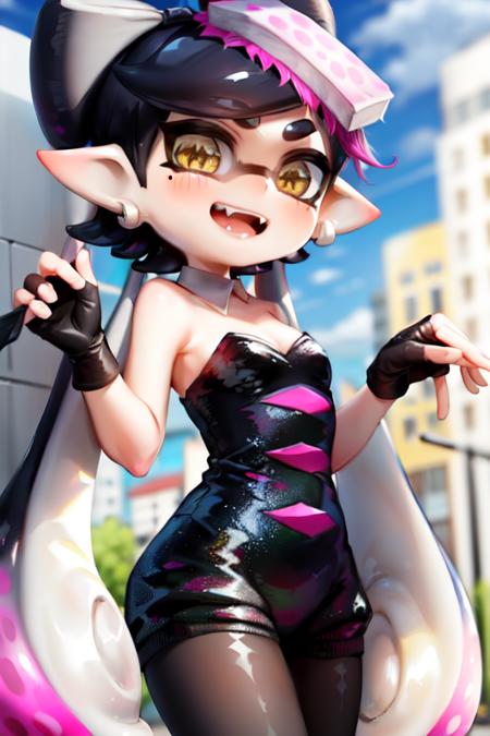 masterpiece, best quality, splatoon, (callie:1.2), cute, city background, urban, waist up, hands pointed down, arms up, solo, tentacle hair, long hair