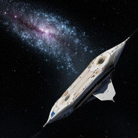Generate an image that captures the essence of space exploration, featuring the starship Odyssey gliding gracefully through a cosmic tapestry of swirling galaxies, distant nebulae, and sparkling star clusters. Show the ship's sleek design against the backdrop of the infinite cosmos, with streaks of light trailing behind as it ventures into the unknown depths of space.