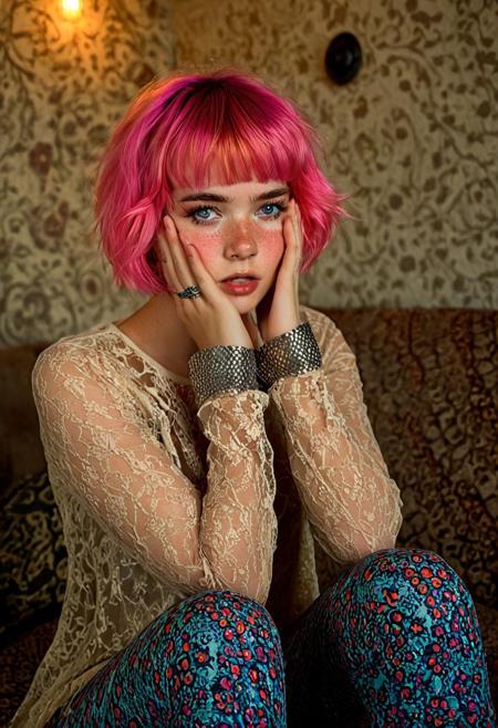 The image is a high-resolution, color photograph of a young woman with vibrant, short pink hair styled in a voluminous, tousled manner with bangs framing her face. Her skin has a light, slightly sun-kissed complexion with a scattering of freckles across her cheeks and nose. She has piercing blue eyes, a small nose ring, and full, slightly parted lips. Her expression is contemplative and slightly melancholic, with her hands supporting her face, fingers gently touching her cheeks.
She is dressed in a casual, eclectic outfit that includes a sheer, beige, long-sleeve top with intricate lace detailing, which contrasts with her vibrant hair color. She is wearing multiple bracelets on her arms, including a chunky silver cuff, and a couple of rings on her fingers. Her attire also includes patterned leggings with a mix of pink, purple, and orange hues.
The background is softly blurred but suggests an indoor setting, possibly a cozy, dimly lit room with an eclectic decor. The walls are adorned with what appears to be vintage or bohemian-style wallpaper featuring floral and abstract patterns. She is seated on a textured, patterned surface, possibly a cushioned sofa or chair, with the soft, muted lighting enhancing the intimate, moody atmosphere.