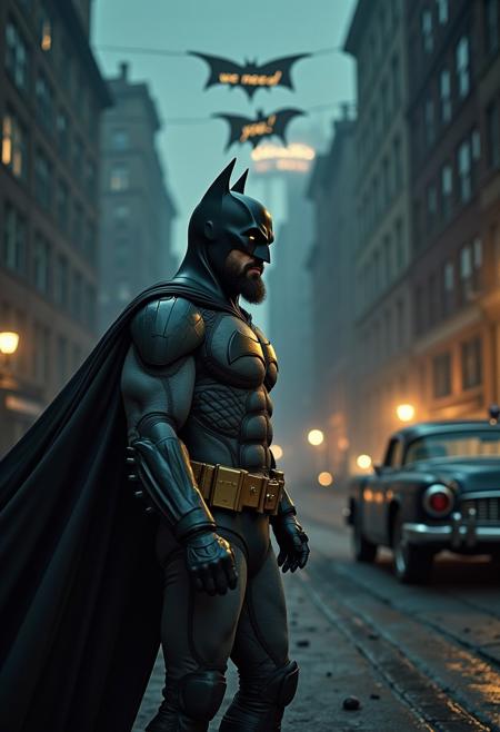hi-def image, artistic frame in the same style of a movie poster, a tired and bearded Batman with an old heroic costume, up in the dark sky a bat-sign that says "We need you!", Batman running toward to his dusty batmobile, in the outskirts of a rundown gothic city,