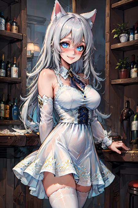 Masterpiece, best quality, intricate details, ultra detailed, 1girl, <lora:Nekumi-v1.0:0.8>, grey hair, long hair, blue eyes, smile, blush, animal ears, large breasts, white dress, lace dress, short dress, white thighhighs,