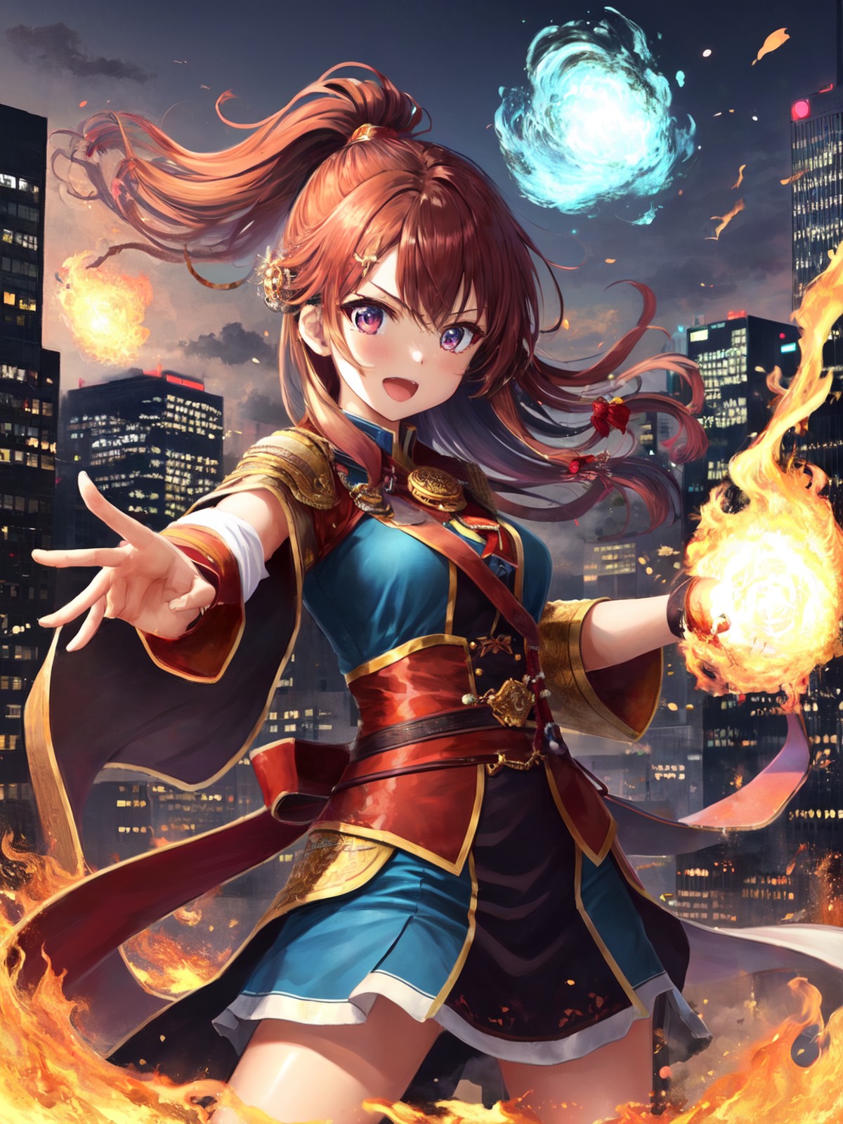 <lora:Fire_VFX-000010:0.6>, 1girl, pyrokinesis, open hand, hand up, centered character, fighting stance, city background