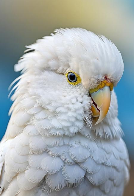 portrait, masterpiece, 4k, ray tracing, intricate details, highly detailed, hyper realistic, 8k RAW editorial photo.
a cute white budgie, head tilted and slightly blinking. The budgie's feathers should be soft and fluffy, the background should be a blue sky, dramatic light, shallow depth of field, high budget,