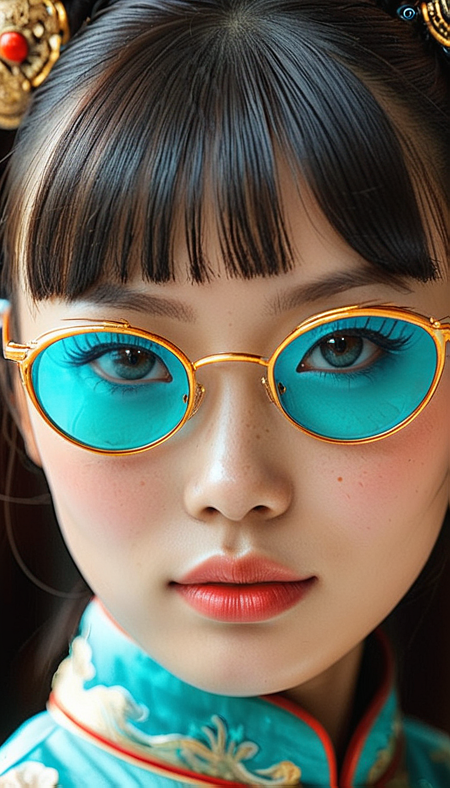 Close-up gorgeous chinese girl face , cute, (bangs:1.1), freckles, light tan, striking Turquoise large eyes, aligned eyes, mirror eyes, (half smile),
(wearing very detailed Venetian Mask:1.1), small tender chin, ginger hair,(double bun hair), round black glasses, Traditional Chinese Clothing,
BREAK,
very long lashes, trendy portrait,
tender Aesthetic nose, ears, puffy lips, sensual lips, detailed texture, detailed eyes, detailed skin, clean skin, Traditional Chinese Clothing,
<lora:Someplastic_b:1>, (ultra sharp focus:1.8), (detailed skin:1.8), (thin lines:1.8), (best quality:1.8),
<lora:Apparatus_-_Traction_City_Walkers_Vehicles:0.7>,
<lora:add-detail-xl:0.7> (ultra sharp focus:1.8), (detailed skin:1.8), (thin lines:1.8), (best quality:1.8),
<lora:glowneon_xl_v1:0.7>