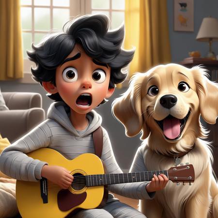 mute ten year old boy very cute surprised that he can sing while playing the magic guitar,he is in shock and disbelief,he has messy black hair and wide eyes,he is perplexed without understanding,wearing gray pajamas,next to a huge golden retriever dog,close- up,Disney movie cartoon character,cute and detailed digital art,digital painting,high quality specific 8K art,cartoon digital painting art,beautiful digital art,detailed digital painting,