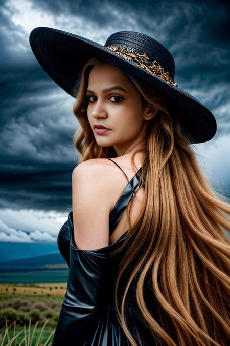 highly detailed, photorealistic digital artwork featuring a striking, statuesque woman with an ethereal, almost mythical appearance. She stands against a dramatic, dark, cloudy sky, suggesting an ominous, almost stormy atmosphere. Her skin has a porcelain complexion and she has long, wavy, golden-blonde hair cascading down her back, styled in loose waves. She wears a large, black, wide-brimmed hat adorned with intricate, twisted, branch-like designs, adding to her otherworldly aura.