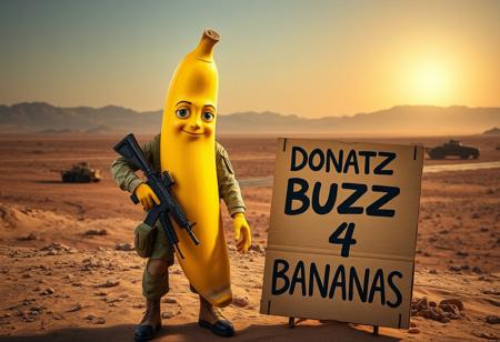 A highly detailed, full-figure real-life Marine Corps perfect soldier, standing still in a disciplined stance. The soldier is fully equipped with modern advanced weapons and tactical gear, showing intense focus and readiness. In front of the soldier is a 2-meter-tall anthropomorphic yellow banana with human-like limbs, expressive eyes, and a playful grin. Next to the banana, a cool, intricately designed cardboard sign reads, ‘Donate Buzz 4 Bananas,’ featuring complex typography and high-detail artwork. The background depicts a desert landscape in Iraq, with distant mountains, military vehicles, and the sun casting a harsh light over the rugged terrain, adding realism and depth to the scene. The contrast between the warzone setting and the absurd banana figure creates a surreal, yet detailed, composition.