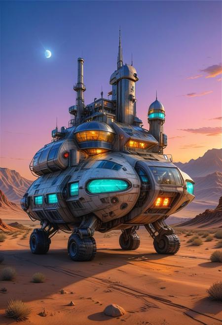 (cel-shading:2)+, (in ARTIST style:1.6), (masterpiece:1.7),  night, glow neon,
hyperrealism, glossy, shinny, clear image, accurate picture, clear picture, precise image, focused image, Science fiction style, Science fiction,
(huge Walking city), solo, outdoors, sky, cloud, desert, no human, vehicle focus, scenery, (Walking vehicle), buildings, (sharp focus:2), (best quality:1.8), night, glow neon,
(masterpiece:1.8), (highest detailed:1.8), perfectly lighted, (contrast), (saturated), (((sharp focus))),
(hyperdetailed:1.3), (intricate details:1.2), (Refined details:1.3), (best quality:1.5), highly detailed textures, vibrant colors,
(ultra sharp focus:1.8), (detailed texture:1.8), (detailed edges:1.8), (thin lines:1.8), (best quality:1.8),,