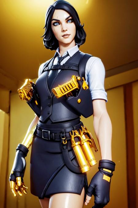 a woman posing in an office <lora:MarigoldLoRA:1> marigold, with, scar on eye, uniform, holding, golden gun, beautiful eyes, beautiful girl, high detail skin, high detail eyes, high detail hair, highres, ultra detailed,  detailed reflective shiny skin, diffused skin pores, sharpen picture, Highly detailed, masterpiece, best quality,