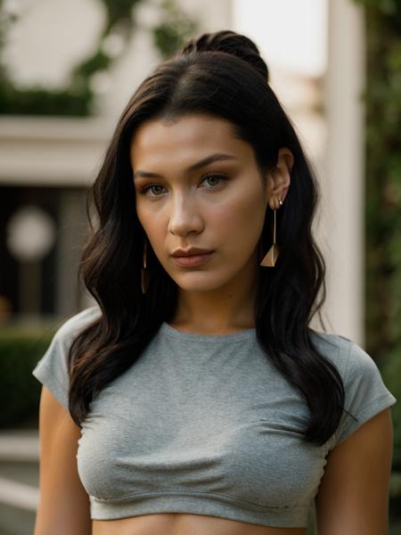 Realistic photo of a beautiful b3ll1h woman,1girl,solo,long hair,breasts,shirt,black hair,jewelry,upper body,earrings,midriff,lips,crop top,black shirt,makeup,realistic, soft lighting, professional Photography, Photorealistic, detailed, RAW, analog, sharp focus, 8k, HD, high quality, masterpiece<lora:b3ll1h:1.0>