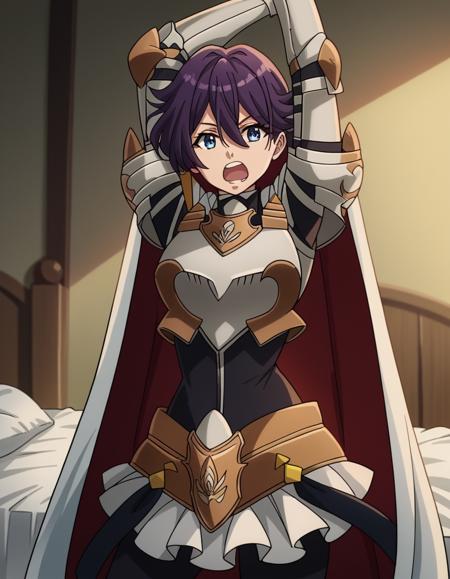 beefeater e caty, short hair, purple hair, blue eyes, hair between eyes, medium breasts skirt, gloves, cape, armor, shoulder armor, gauntlets,