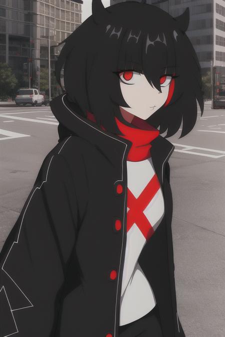 1girl, red eyes, black hair, black jacket, red scarf, hood