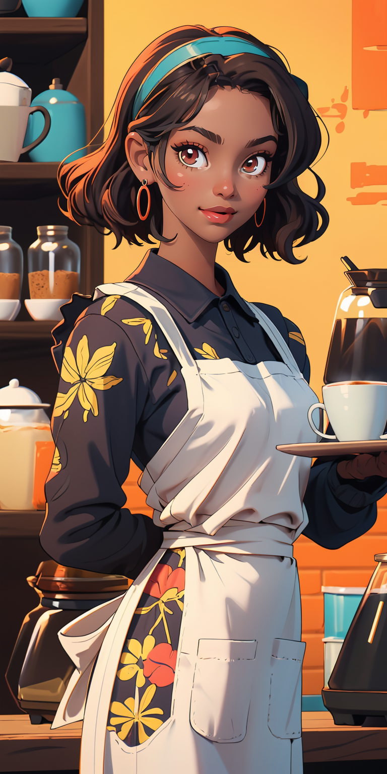 (masterpiece, best quality), 1girl, (curly hair), short hair, cafe, barista, dark skin, happy, looking at viewer, hairband...