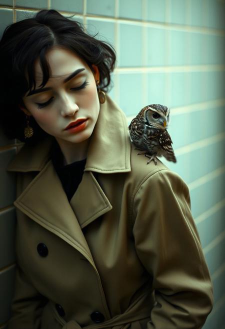 A woman in a trench coat leans against a tiled wall, her eyes closed, while a small owl perches calmly on her shoulder., surreal portraiture, atmospheric lighting, soft painterly textures, muted color palette, mid-century aesthetic, symbolic composition, emotional ambiguity, human-animal connection, blurred realism, obscured faces, editorial photography influence, staged intimacy, subtle surrealism, introspective mood, vintage fashion, natural gestures, delicate contrast, dreamlike realism, contemporary classicism, expressive yet restrained